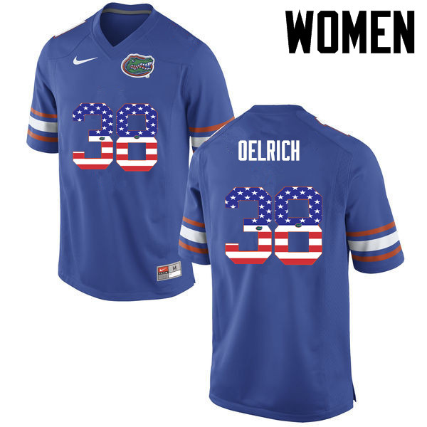 Women Florida Gators #38 Nick Oelrich College Football USA Flag Fashion Jerseys-Blue